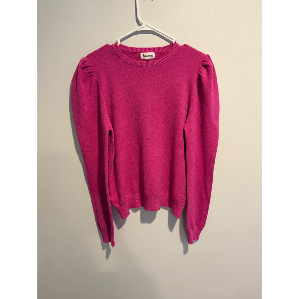 &merci Womens Hot Pink Puff Sleeve Knit Sweater Magenta Crew Neck Size Large